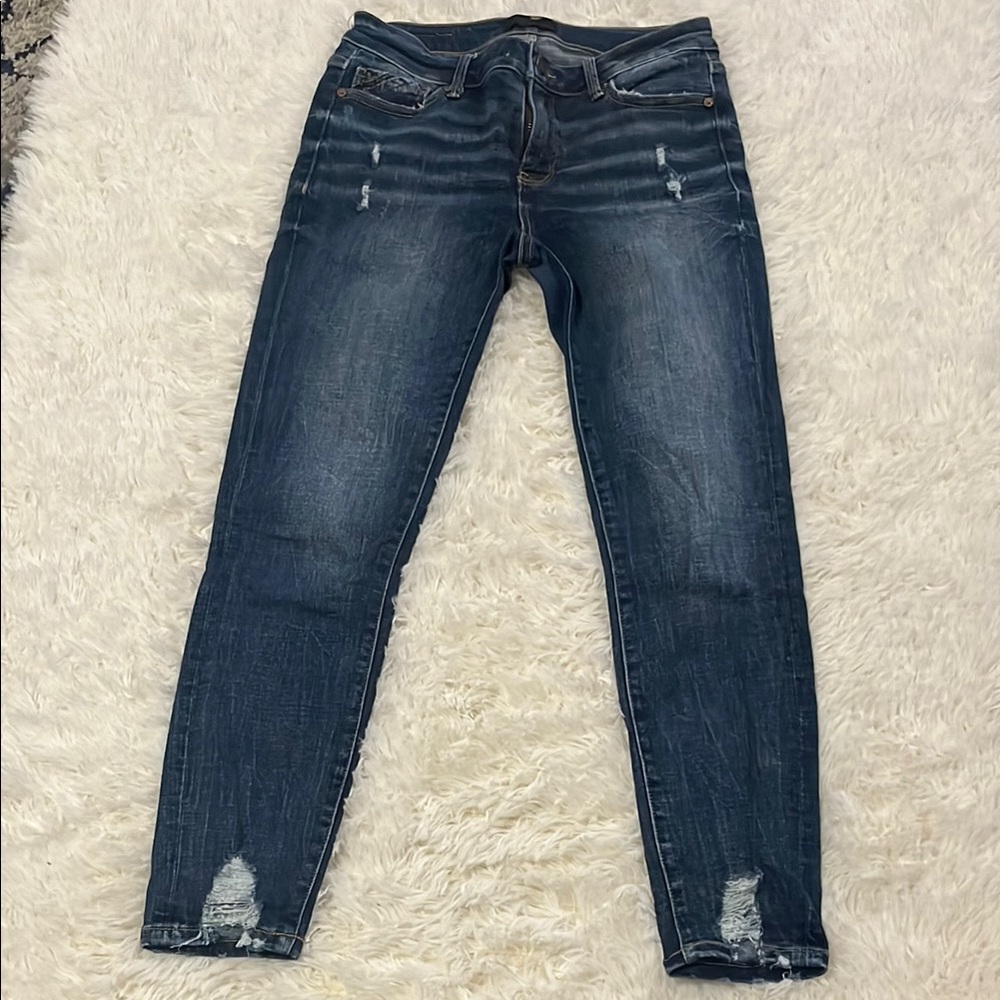 Buckle Black Blue Skinny Jeans with Distressed Hem